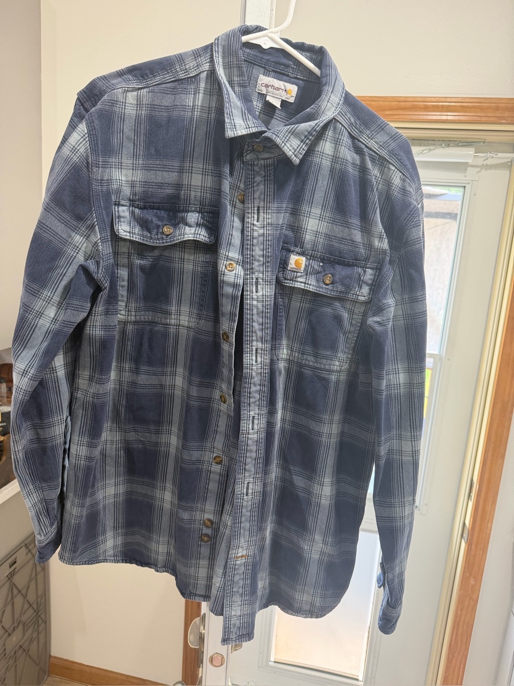 Carhartt Men's Navy and Light Blue Plaid Button-Down Work Shirt